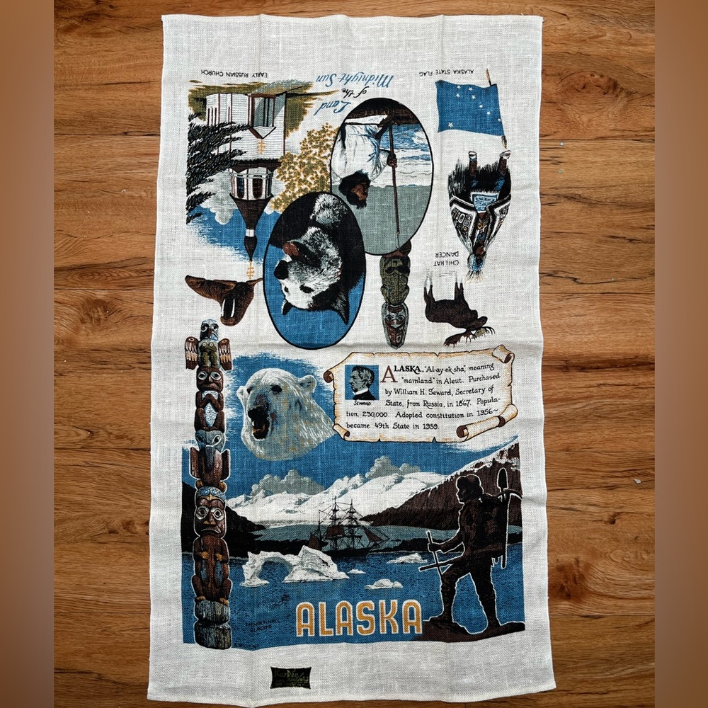 Alaska Land of the Midnight Sun Linen Towel Vintage Deadstock OG Sticker